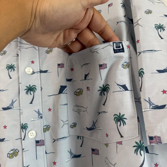 Huk Fishing Beer Boat Marlin Flag Palm Tree Print Performance Shirt Mens XL - Picture 3 of 6